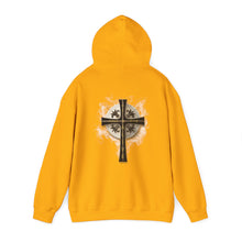 Load image into Gallery viewer, Back Design of Golden & Black Cross "Jesus is King" - Unisex Heavy Blend™ Hooded Sweatshirt
