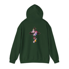 Load image into Gallery viewer, Back Design of Flower Covered Cross - Unisex Fit Heavy Blend™ Hooded Sweatshirt