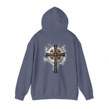 Load image into Gallery viewer, Back Design of Golden & Black Cross "Jesus is King" - Unisex Heavy Blend™ Hooded Sweatshirt