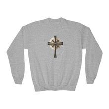Load image into Gallery viewer, Golden & Black "Jesus is King " Cross - Youth Crewneck Sweatshirt