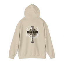Load image into Gallery viewer, Back Design of Golden & Black Cross "Jesus is King" - Unisex Heavy Blend™ Hooded Sweatshirt