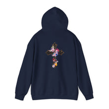 Load image into Gallery viewer, Back Design of Flower Covered Cross - Unisex Fit Heavy Blend™ Hooded Sweatshirt