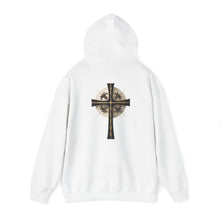 Load image into Gallery viewer, Back Design of Golden & Black Cross "Jesus is King" - Unisex Heavy Blend™ Hooded Sweatshirt