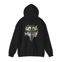 Load image into Gallery viewer, Back Design of Golden & Black Cross "Jesus is King" - Unisex Heavy Blend™ Hooded Sweatshirt