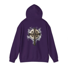 Load image into Gallery viewer, Back Design of Golden & Black Cross "Jesus is King" - Unisex Heavy Blend™ Hooded Sweatshirt