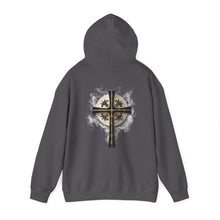 Load image into Gallery viewer, Back Design of Golden & Black Cross "Jesus is King" - Unisex Heavy Blend™ Hooded Sweatshirt