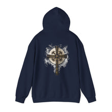 Load image into Gallery viewer, Back Design of Golden & Black Cross "Jesus is King" - Unisex Heavy Blend™ Hooded Sweatshirt