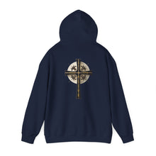 Load image into Gallery viewer, Back Design of Golden & Black Cross "Jesus is King" - Unisex Heavy Blend™ Hooded Sweatshirt