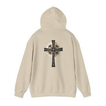 Load image into Gallery viewer, Back Design of Golden & Black Cross "Jesus is King" - Unisex Heavy Blend™ Hooded Sweatshirt