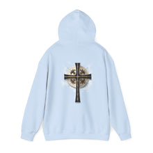 Load image into Gallery viewer, Back Design of Golden & Black Cross "Jesus is King" - Unisex Heavy Blend™ Hooded Sweatshirt