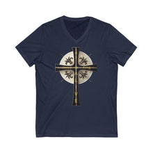 Load image into Gallery viewer, Golden & Black "Jesus is King" Cross - V-Neck T-Shirt