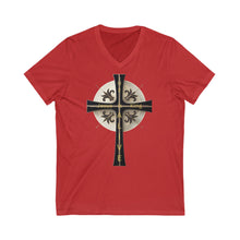 Load image into Gallery viewer, Golden & Black "Jesus is King" Cross - V-Neck T-Shirt