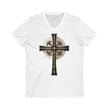 Load image into Gallery viewer, Golden & Black "Jesus is King" Cross - V-Neck T-Shirt