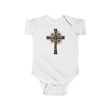 Load image into Gallery viewer, Golden & Black "Jesus is King" Cross - Infant Fine Jersey Bodysuit