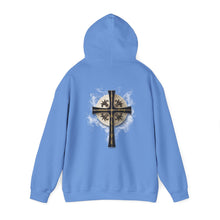 Load image into Gallery viewer, Back Design of Golden & Black Cross "Jesus is King" - Unisex Heavy Blend™ Hooded Sweatshirt