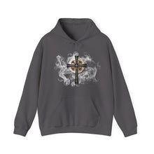 Load image into Gallery viewer, New! Golden & Black "Jesus is King" Cross - Unisex Heavy Blend™ Hooded Sweatshirt
