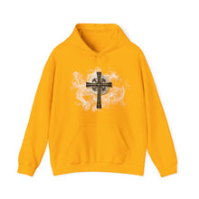 Load image into Gallery viewer, New! Golden & Black "Jesus is King" Cross - Unisex Heavy Blend™ Hooded Sweatshirt