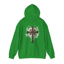 Load image into Gallery viewer, Back Design of Golden & Black Cross "Jesus is King" - Unisex Heavy Blend™ Hooded Sweatshirt