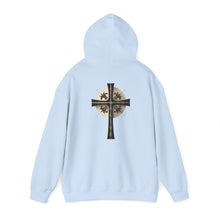 Load image into Gallery viewer, Back Design of Golden & Black Cross "Jesus is King" - Unisex Heavy Blend™ Hooded Sweatshirt