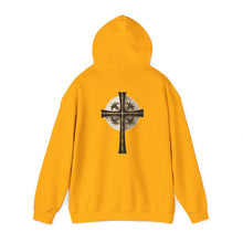 Load image into Gallery viewer, Back Design of Golden & Black Cross "Jesus is King" - Unisex Heavy Blend™ Hooded Sweatshirt
