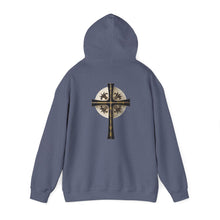 Load image into Gallery viewer, Back Design of Golden & Black Cross "Jesus is King" - Unisex Heavy Blend™ Hooded Sweatshirt