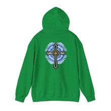 Load image into Gallery viewer, Back Design of Lightening & Clouds Cross - Unisex Heavy Blend™ Hooded Sweatshirt