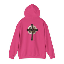 Load image into Gallery viewer, Back Design of Golden & Black Cross "Jesus is King" - Unisex Heavy Blend™ Hooded Sweatshirt