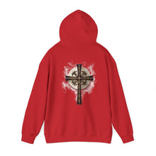 Load image into Gallery viewer, Back Design of Golden & Black Cross "Jesus is King" - Unisex Heavy Blend™ Hooded Sweatshirt