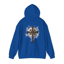 Load image into Gallery viewer, Back Design of Golden & Black Cross "Jesus is King" - Unisex Heavy Blend™ Hooded Sweatshirt