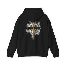 Load image into Gallery viewer, Back Design of Golden & Black Cross "Jesus is King" - Unisex Heavy Blend™ Hooded Sweatshirt