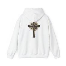 Load image into Gallery viewer, Back Design of Golden & Black Cross "Jesus is King" - Unisex Heavy Blend™ Hooded Sweatshirt