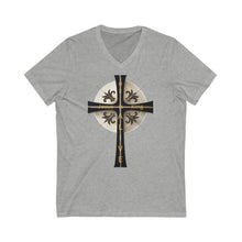Load image into Gallery viewer, Golden & Black "Jesus is King" Cross - V-Neck T-Shirt