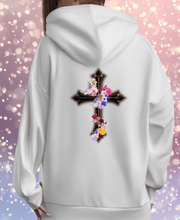 Load image into Gallery viewer, Back Design of Flower Covered Cross - Unisex Fit Heavy Blend™ Hooded Sweatshirt
