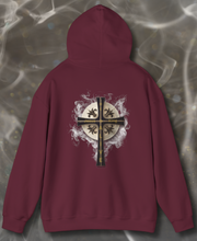 Load image into Gallery viewer, Back Design of Golden & Black Cross "Jesus is King" - Unisex Heavy Blend™ Hooded Sweatshirt