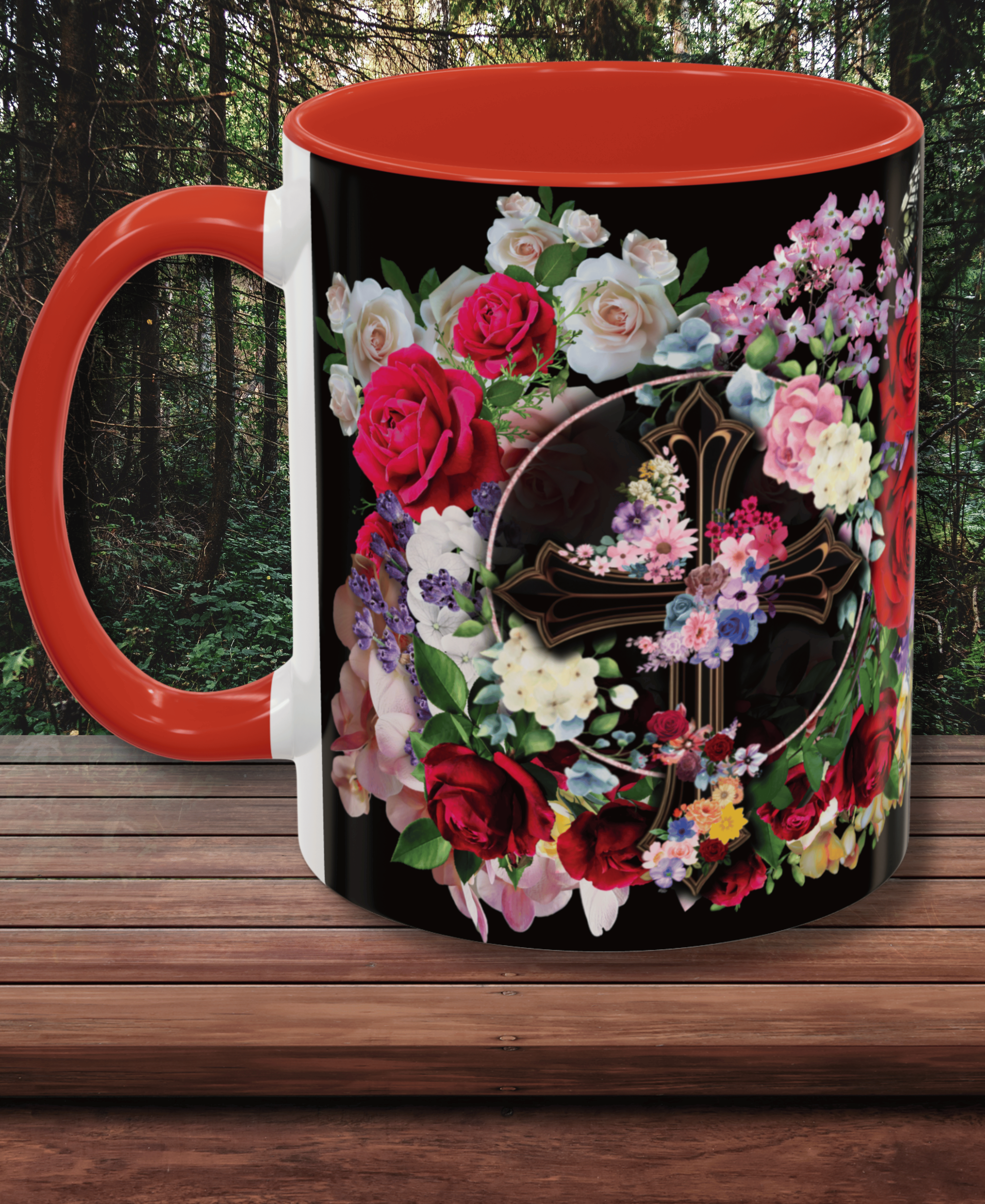 New! Flower Covered Cross - Accent Coffee Mug (11, 15oz) – Magnify