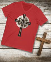 Load image into Gallery viewer, Golden & Black "Jesus is King" Cross - V-Neck T-Shirt