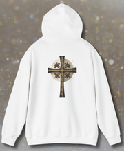 Load image into Gallery viewer, Back Design of Golden & Black Cross "Jesus is King" - Unisex Heavy Blend™ Hooded Sweatshirt