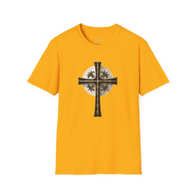 Load image into Gallery viewer, Golden &amp; Black &quot;Jesus is King&quot; Cross - Unisex Softstyle T-Shirt
