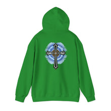 Load image into Gallery viewer, Back Design of Lightening &amp; Clouds Cross - Unisex Heavy Blend™ Hooded Sweatshirt

