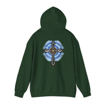 Load image into Gallery viewer, Back Design of Lightening &amp; Clouds Cross - Unisex Heavy Blend™ Hooded Sweatshirt
