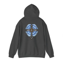 Load image into Gallery viewer, Back Design of Lightening &amp; Clouds Cross - Unisex Heavy Blend™ Hooded Sweatshirt
