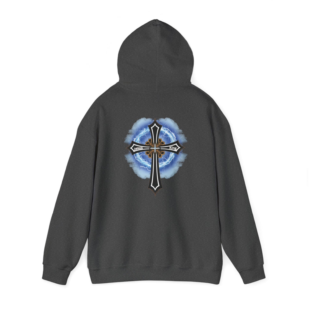 Back Design of Lightening & Clouds Cross - Unisex Heavy Blend™ Hooded Sweatshirt