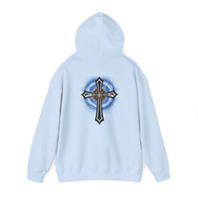 Load image into Gallery viewer, Back Design of Lightening &amp; Clouds Cross - Unisex Heavy Blend™ Hooded Sweatshirt
