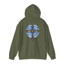 Load image into Gallery viewer, Back Design of Lightening &amp; Clouds Cross - Unisex Heavy Blend™ Hooded Sweatshirt

