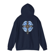 Load image into Gallery viewer, Back Design of Lightening &amp; Clouds Cross - Unisex Heavy Blend™ Hooded Sweatshirt
