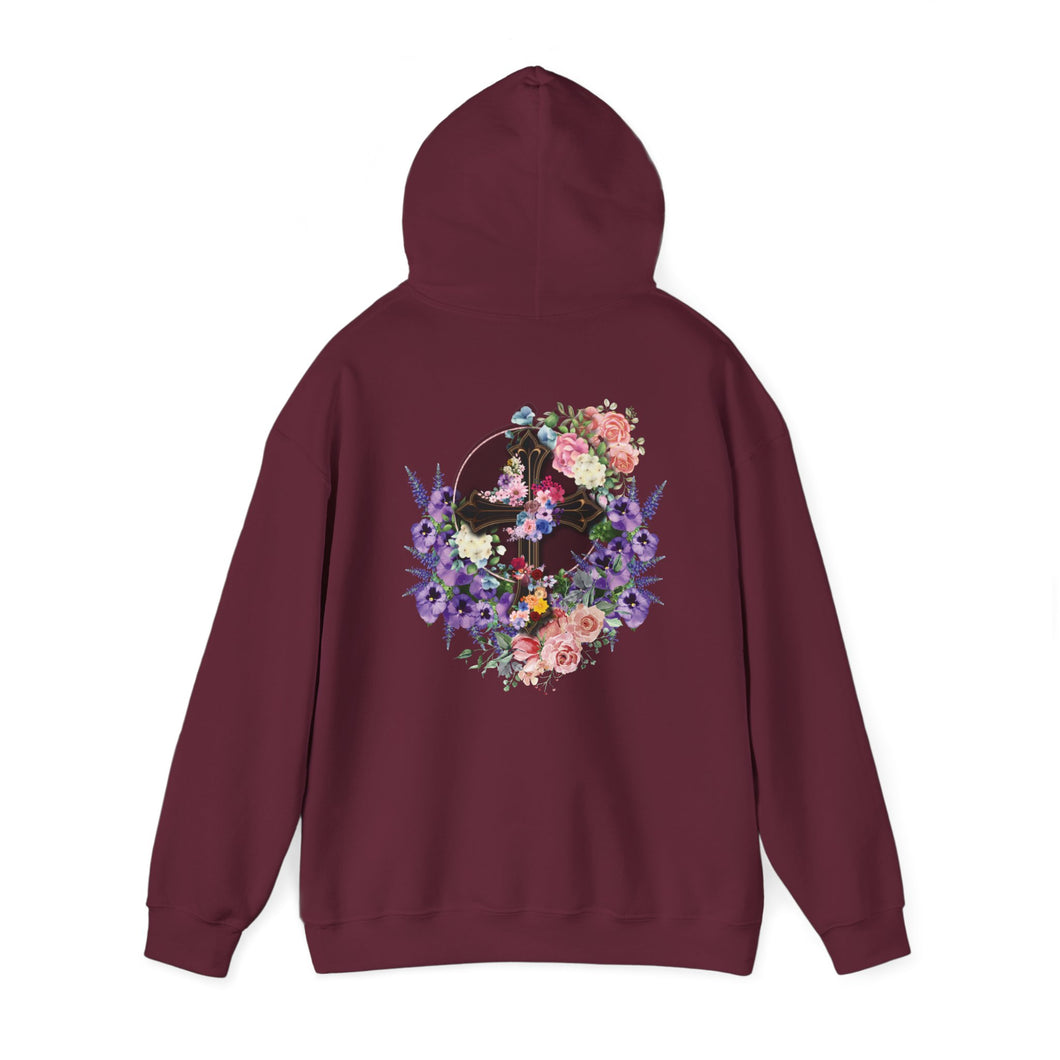 Back Design of NEW! Flower Covered Cross - Unisex Heavy Blend™ Hooded Sweatshirt
