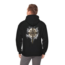Load image into Gallery viewer, Back Design of Golden &amp; Black Cross &quot;Jesus is King&quot; - Unisex Heavy Blend™ Hooded Sweatshirt
