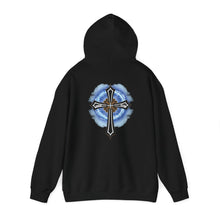 Load image into Gallery viewer, Back Design of Lightening &amp; Clouds Cross - Unisex Heavy Blend™ Hooded Sweatshirt
