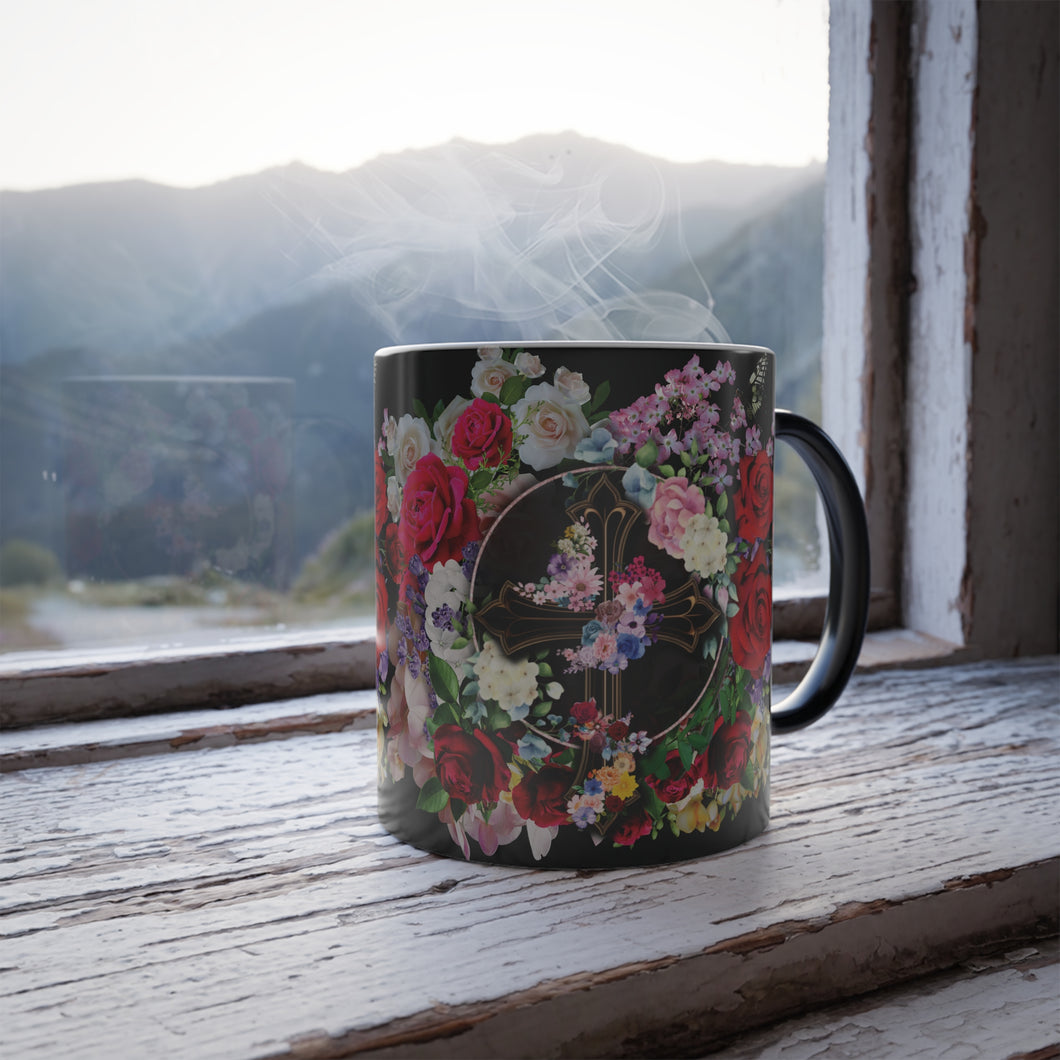 New! Flower Covered Cross - Color Morphing Mug, 11oz