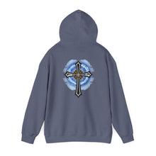 Load image into Gallery viewer, Back Design of Lightening &amp; Clouds Cross - Unisex Heavy Blend™ Hooded Sweatshirt
